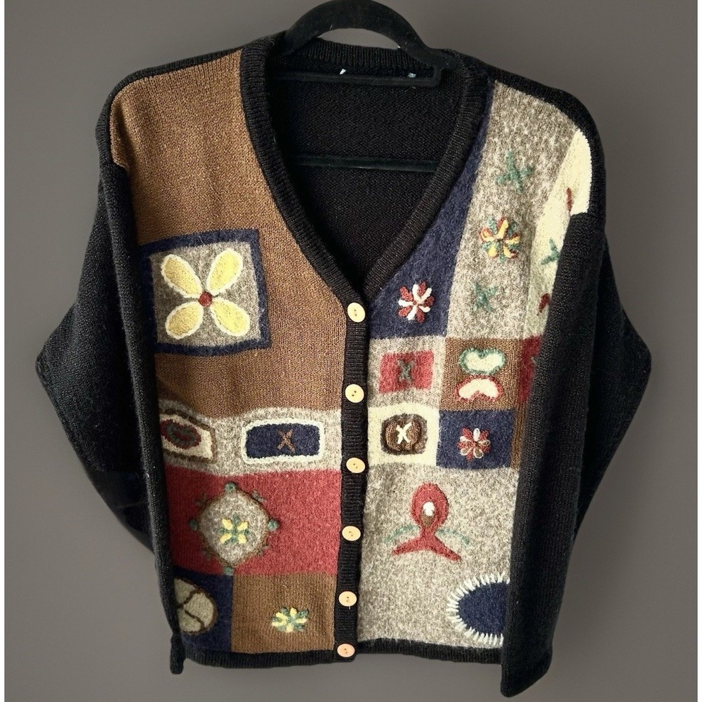 Vintage Cardigan Color Blocking And Shapes Wool Size Large